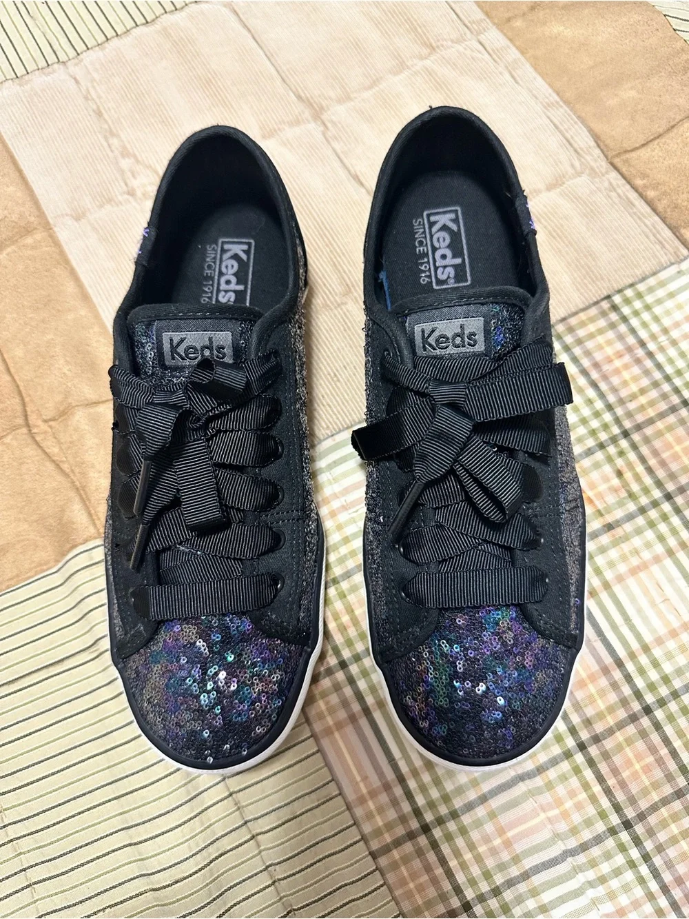 Keds Kids Black Iridescent Sequin Ribbon Lace Sneakers